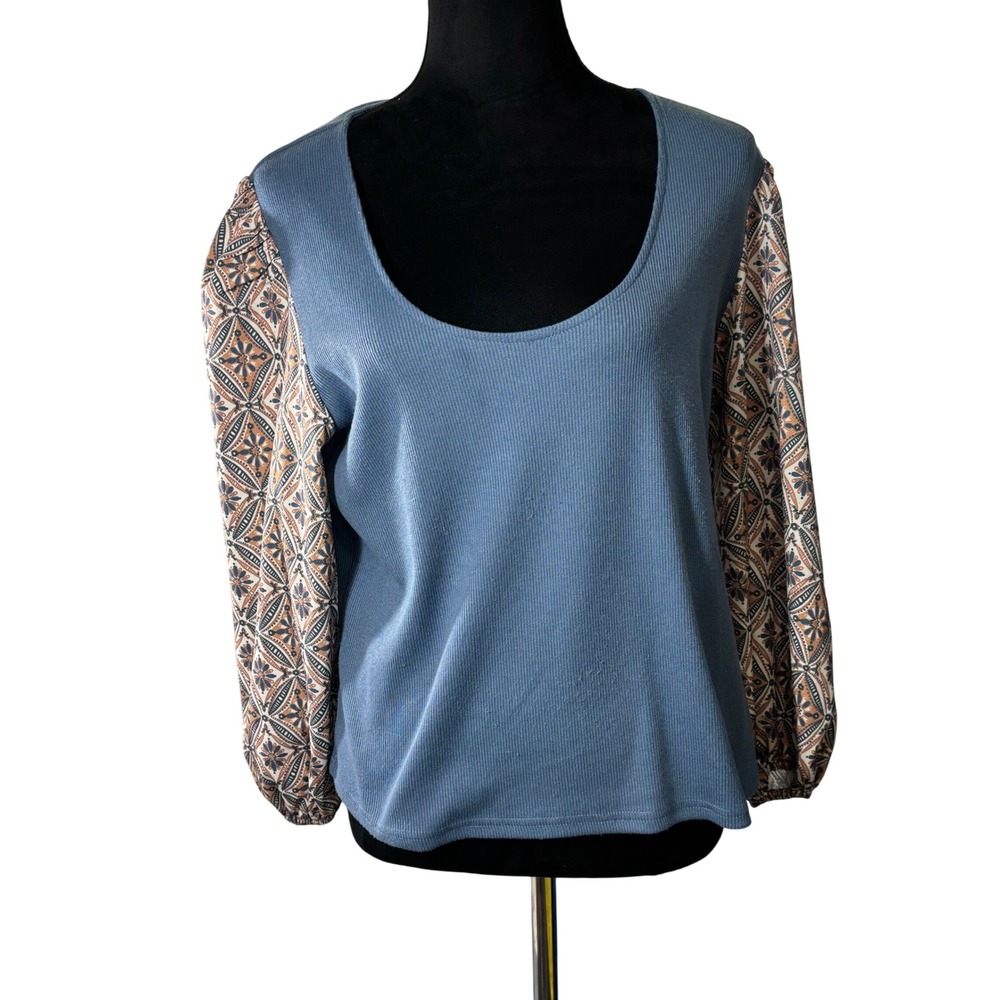 Dolan Left Coast Collection Blue Ribbed Knit‎ Top Patterned Balloon Sleeves